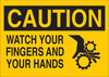 Brady B-555 Aluminum Rectangle Yellow Machine & Equipment Sign - 14 in Width x 10 in Height - TEXT: CAUTION WATCH YOUR FINGERS AND YOUR HANDS - 43484 - 754476-43484 - R. S. Hughes Company, Inc.