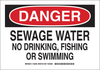 Brady B-555 Aluminum Rectangle White Water Sanitation Sign - 14 in Width x 10 in Height - TEXT: DANGER SEWAGE WATER NO DRINKING, FISHING OR SWIMMING - 126387 - 754473-74565 - R. S. Hughes Company, Inc.