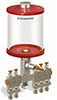 Red Color Key, Clear View Multiple Feed Manual Lubricator, 1 qt Pyrex Reservoir, 5 Feeds, 1/4” OD Tube Outlets - B5163-032PB051RW - Oil-Rite Corp.
