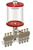 Red Color Key, Clear View Multiple Feed Manual Lubricator, 1 qt Acrylic Reservoir, 7 Feeds, 1/4” OD Tube Outlets - B5163-032AB071RW - Oil-Rite Corp.