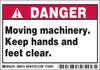 Brady B-302 Black / Red on White Polyester Machine & Equipment Safety Label - 5 in Width - 3 1/2 in Height - Printed Text = DANGER - MOVING MACHINERY. KEEP HANDS AND FEET CLEAR. - 86874 - 754476-86874 - R. S. Hughes Company, Inc.