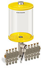 Yellow Color Key, Clear View Multiple Feed Electro Lubricator, 1/2 gal Acrylic Reservoir, 9 Feeds, 1/4” OD Tube Outlets, 24VDC - B5162-064AB09024D1YW - Oil-Rite Corp.