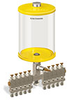 Yellow Color Key, Clear View Multiple Feed Manual Lubricator, 1/2 gal Pyrex Reservoir, 10 Feeds, 1/4” OD Tube Outlets - B5163-064PB101YW - Oil-Rite Corp.
