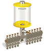 Yellow Color Key, Clear View Multiple Feed Manual Lubricator, 1 qt Acrylic Reservoir, 11 Feeds, 1/4” OD Tube Outlets - B5163-032AB111YW - Oil-Rite Corp.