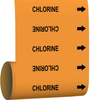 Brady B-946 Black on Orange Vinyl Self-Adhesive Pipe Marker - 8 in Height - 30 ft Length - Printed Msg = CHLORINE with Left Arrow - 108780 - 754473-67012 - R. S. Hughes Company, Inc.