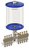 Blue Color Key, Clear View Multiple Feed Manual Lubricator, 1/2 gal Pyrex Reservoir, 9 Feeds, 1/4” OD Tube Outlets - B5163-064PB091BW - Oil-Rite Corp.