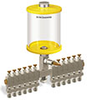 Yellow Color Key, Clear View Multiple Feed Manual Lubricator, 1 qt Acrylic Reservoir, 12 Feeds, 1/4” OD Tube Outlets - B5163-032AB121YW - Oil-Rite Corp.