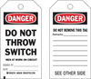 Brady B-851 Black / Red on White Polyester Equipment Safety Tag - 4 in Width - 7 in Height - Printed Msg = DANGER - DO NOT THROW SWITCH / MEN AT WORK ON CIRCUIT - Has Front and Rear Text - 86583 - 754476-86583 - R. S. Hughes Company, Inc.