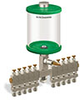 Green Color Key, Clear View Multiple Feed Manual Lubricator, 1 qt Acrylic Reservoir, 10 Feeds, 1/4” OD Tube Outlets - B5163-032AB101GW - Oil-Rite Corp.