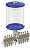 Blue Color Key, Clear View Multiple Feed Electro Lubricator, 1/2 gal Acrylic Reservoir, 9 Feeds, 1/4” OD Tube Outlets, 24VDC - B5162-064AB09024D1BW - Oil-Rite Corp.