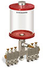 Red Color Key, Clear View Multiple Feed Manual Lubricator, 1 qt Acrylic Reservoir, 6 Feeds, 1/8