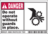 Brady B-302 Black / Red on White Polyester Machine & Equipment Safety Label - 5 in Width - 3 1/2 in Height - Printed Text = DANGER - DO NOT OPERATE WITHOUT GUARDS IN PLACE. - 86869 - 754476-86869 - R. S. Hughes Company, Inc.