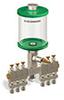 Green Color Key, Clear View Multiple Feed Manual Lubricator, 1 pt Acrylic Reservoir, 6 Feeds, 1/4” OD Tube Outlets - B5163-016AB061GW - Oil-Rite Corp.