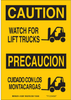 Brady B-555 Aluminum Rectangle Yellow Truck & Forklift Warehouse Traffic Sign - 10 in Width x 7 in Height - Language English / Spanish - TEXT: WATCH FOR LIFT TRUCKS / CUIDADO CON LOS MONTACARGAS - 122 - 754473-71336 - R. S. Hughes Company, Inc.