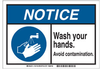 Brady B-869 Rectangle White Sanitation Sign - 10 in Width x 7 in Height - TEXT: Wash your hands. Avoid contamination. - 145748 - 754473-54540 - R. S. Hughes Company, Inc.