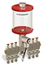 Red Color Key, Clear View Multiple Feed Electro Lubricator, 1 pt Pyrex Reservoir, 6 Feeds, 1/4” OD Tube Outlets, 24VDC - B5162-016PB06024D1RW - Oil-Rite Corp.