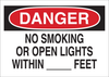 Brady B-302 Polyester Rectangle White Smoking Not Permitted Sign - 14 in Width x 10 in Height - Laminated - TEXT: DANGER NO SMOKING OR OPEN LIGHTS WITHIN __FEET - 88381 - 754476-88381 - R. S. Hughes Company, Inc.