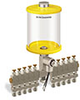 Yellow Color Key, Clear View Multiple Feed Electro Lubricator, 1 qt Acrylic Reservoir, 10 Feeds, 1/4” OD Tube Outlets, 24VDC - B5162-032AB10024D1YW - Oil-Rite Corp.