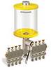 Yellow Color Key, Clear View Multiple Feed Electro Lubricator, 1 qt Acrylic Reservoir, 8 Feeds, 1/4” OD Tube Outlets, 24VDC - B5162-032AB08024D1YW - Oil-Rite Corp.