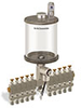 Levelux Clear View Multiple Feed Electro Lubricator, 1 qt Pyrex Reservoir, 10 Feeds, 1/4” OD Tube Outlets, 24VDC - B5177-032PB10024D1W - Oil-Rite Corp.