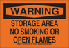 Brady B-401 Polystyrene Rectangle Orange Smoking Not Permitted Sign - 10 in Width x 7 in Height - TEXT: WARNING STORAGE AREA NO SMOKING OR OPEN FLAMES - 128179 - 754473-76942 - R. S. Hughes Company, Inc.