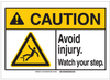 Brady B-302 Polyester Rectangle White Fall Prevention Sign - 14 in Width x 10 in Height - TEXT: CAUTION Avoid Injury Watch Your Step - 144162 - 754473-96801 - R. S. Hughes Company, Inc.