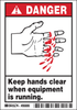 Brady B-302 Black / Red on White Polyester Machine & Equipment Safety Label - 3.5 in Width - 5 in Height - Printed Text = DANGER - KEEP HANDS CLEAR WHEN EQUIPMENT IS RUNNING. - 86886 - 754476-86886 - R. S. Hughes Company, Inc.