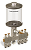 Clear View Multiple Feed Manual Lubricator, 1 pt Acrylic Reservoir, 5 Feeds, 1/8” Female NPT Outlets - B4463-016AB052W - Oil-Rite Corp.