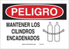 Brady B-555 Aluminum Rectangle White Chemical, Biohazard, Hazardous & Flammable Material Sign - 14 in Width x 10 in Height - Language Spanish - TEXT: PELIGRO MANTENER LOS CILINDROS ENCADENADOS - 12496 - 754473-72577 - R. S. Hughes Company, Inc.