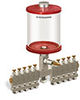 Red Color Key, Clear View Multiple Feed Manual Lubricator, 1 qt Acrylic Reservoir, 10 Feeds, 1/8