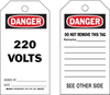 Brady B-837 Black / Red on White Polyester / Paper Equipment Safety Tag - 3 in Width - 5 3/4 in Height - Printed Msg = DANGER - 220 VOLTS - Has Front and Rear Text - 86420 - 754476-86420 - R. S. Hughes Company, Inc.