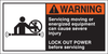 Brady B-302 Orange / White on Black Polyester Machine & Equipment Safety Label - 5 in Width - 2 1/2 in Height - Printed Text = WARNING - SERVICING MOVING OR ENERGIZED EQUIPMENT CAN CAUSE SEVERE INJURY - 754476-96163 - R. S. Hughes Company, Inc.