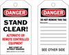 Brady B-851 Black / Red on White Polyester Equipment Safety Tag - 4 in Width - 7 in Height - Printed Msg = DANGER - STAND CLEAR AUTOMATIC OR REMOTE CONTROLLED EQUIPMENT - Has Front and Rear Text - 865 - 754476-86584 - R. S. Hughes Company, Inc.