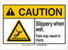 Brady B-401 Plastic Rectangle White Maintenance Sign - 14 in Width x 10 in Height - TEXT: CAUTION Slippery When Wet Falls may result in injury - 144758 -- 754473-99140 - Image