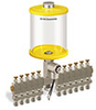 Yellow Color Key, Clear View Multiple Feed Electro Lubricator, 1 qt Acrylic Reservoir, 11 Feeds, 1/4” OD Tube Outlets, 24VDC - B5162-032AB11024D1YW - Oil-Rite Corp.