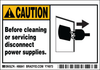 Brady B-302 Black / Yellow on White Polyester Machine & Equipment Safety Label - 5 in Width - 3 1/2 in Height - Printed Text = CAUTION - BEFORE CLEANING OR SERVICING DISCONNECT POWER SUPPLIES. - 86841 - 754476-86841 - R. S. Hughes Company, Inc.