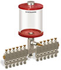 Red Color Key, Clear View Multiple Feed Manual Lubricator, 1 qt Acrylic Reservoir, 12 Feeds, 1/4” OD Tube Outlets - B5163-032AB121RW - Oil-Rite Corp.