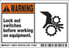 Brady B-302 Black / Orange on White Polyester Machine & Equipment Safety Label - 5 in Width - 3 1/2 in Height - Printed Text = WARNING - LOCK OUT SWITCHES BEFORE WORKING ON EQUIPMENT. - 86878 - 754476-86878 - R. S. Hughes Company, Inc.