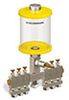 Yellow Color Key, Clear View Multiple Feed Manual Lubricator, 1 pt Pyrex Reservoir, 6 Feeds, 1/8