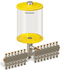 Yellow Color Key, Clear View Multiple Feed Manual Lubricator, 1/2 gal Acrylic Reservoir, 15 Feeds, 1/4” OD Tube Outlets - B5163-064AB151YW - Oil-Rite Corp.
