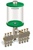 Green Color Key, Clear View Multiple Feed Manual Lubricator, 1 qt Pyrex Reservoir, 7 Feeds, 1/4” OD Tube Outlets - B5163-032PB071GW - Oil-Rite Corp.
