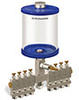 Blue Color Key, Clear View Multiple Feed Manual Lubricator, 1 qt Pyrex Reservoir, 8 Feeds, 1/8
