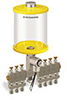 Yellow Color Key, Clear View Multiple Feed Electro Lubricator, 1 qt Acrylic Reservoir, 7 Feeds, 1/4” OD Tube Outlets, 120V/60Hz - B5162-032AB0712061YW - Oil-Rite Corp.