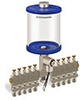 Blue Color Key, Clear View Multiple Feed Electro Lubricator, 1 qt Acrylic Reservoir, 10 Feeds, 1/4” OD Tube Outlets, 24VDC - B5162-032AB10024D1BW - Oil-Rite Corp.