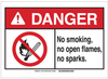 Brady B-302 Polyester Rectangle White No Smoking Or Open Flame Sign - 5 in Width x 3.5 in Height - TEXT: DANGER No Smoking No Open Flames No Sparks - 143785 -- 754473-96433