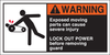 Brady B-302 Orange / White on Black Polyester Machine & Equipment Safety Label - 5 in Width - 2 1/2 in Height - Printed Text = WARNING - EXPOSED MOVING PARTS CAN CAUSE SEVERE INJURY LOCK OUT POWER BEF - 754476-96155 - R. S. Hughes Company, Inc.