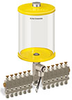 Yellow Color Key, Clear View Multiple Feed Electro Lubricator, 1/2 gal Pyrex Reservoir, 12 Feeds, 1/4” OD Tube Outlets, 24VDC - B5162-064PB12024D1YW - Oil-Rite Corp.