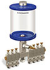 Blue Color Key, Clear View Multiple Feed Manual Lubricator, 1 qt Acrylic Reservoir, 7 Feeds, 1/8