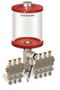 Red Color Key, Clear View Multiple Feed Electro Lubricator, 1 qt Acrylic Reservoir, 7 Feeds, 1/4” OD Tube Outlets, 24VDC - B5162-032AB07024D1RW - Oil-Rite Corp.