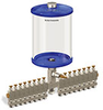 Blue Color Key, Clear View Multiple Feed Manual Lubricator, 1/2 gal Acrylic Reservoir, 16 Feeds, 1/8